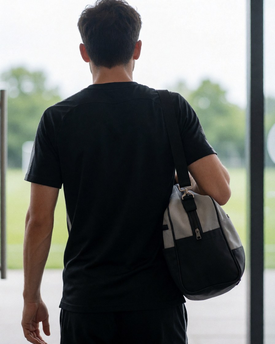 Un jeune homme portant un sac sportif marche vers l'entrée d'un terrain de football, évoquant la préparation à un entraînement ou un match.