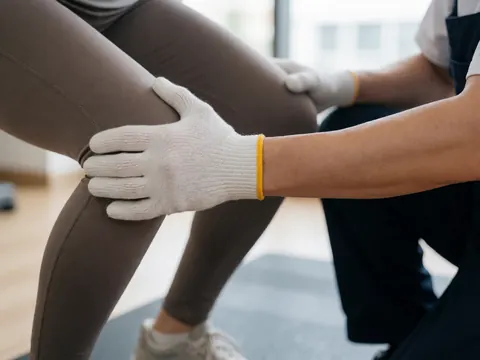 Un entraîneur de fitness ajuste le genou d'un client portant un legging marron lors d'une séance en salle de sport avec une lumière diffuse.