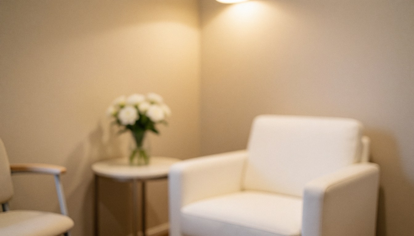 Salle d'attente avec des chaises blanches, une petite table avec des fleurs et des murs beige, idéale pour les salons de beauté ou les spas.