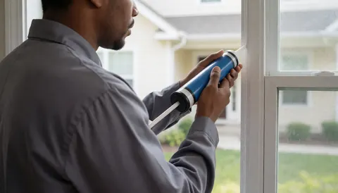 Un technicien en uniforme gris répare une fenêtre en appliquant du silicone sous la lumière du matin dans une maison résidentielle.