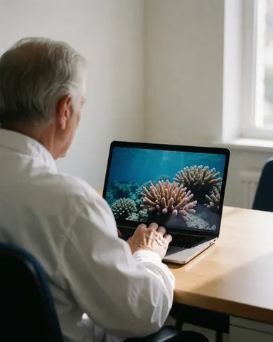 Un chercheur marin consulte des photos de corail sur son ordinateur portable, assis à une table en bois dans un cadre professionnel éclairé par la lumière naturelle.