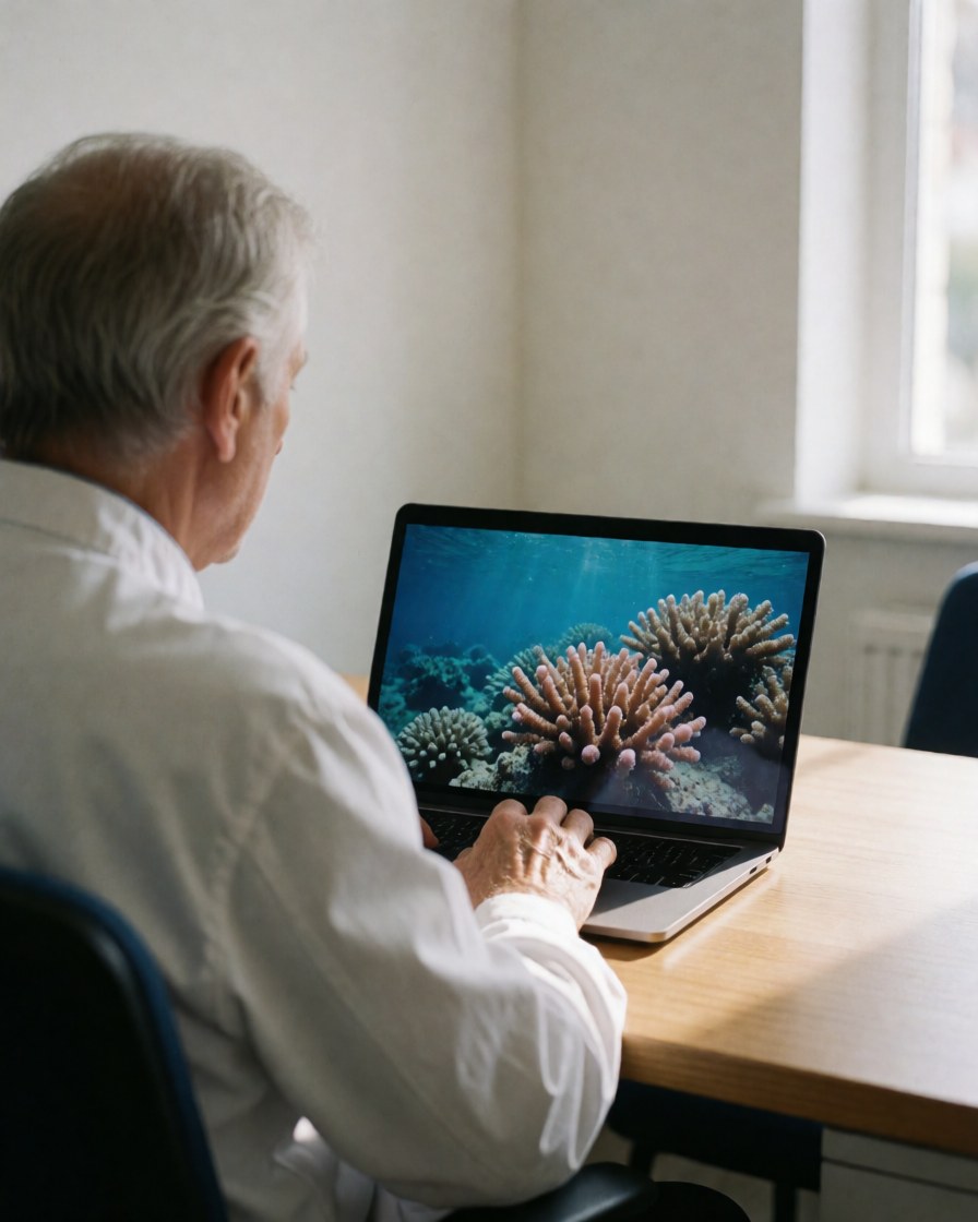 Un chercheur marin consulte des photos de corail sur son ordinateur portable, assis à une table en bois dans un cadre professionnel éclairé par la lumière naturelle.