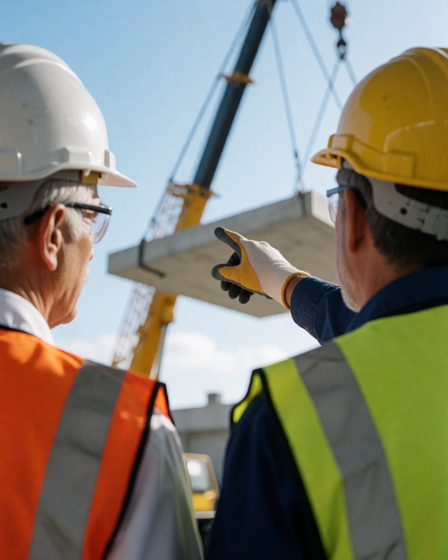Deux ingénieurs en casques et gilets de sécurité dirigent une grue soulevant un panneau de béton sur un chantier.
