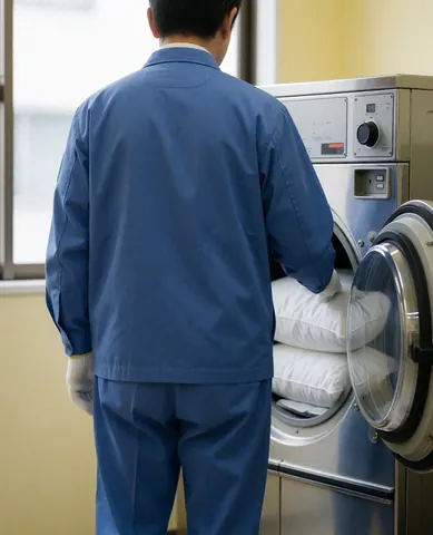 Un employé en uniforme bleu place des oreillers dans un séchoir industriel dans un environnement de laverie propre et professionnel aux murs clairs.