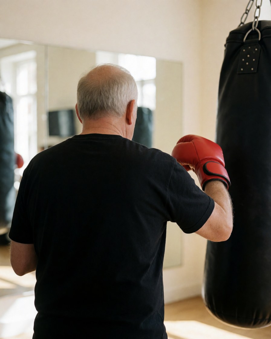 Un entraîneur de crossport portant des gants rouges frappe un sac de boxe dans un gymnase équipé de miroirs et de murs blancs.
