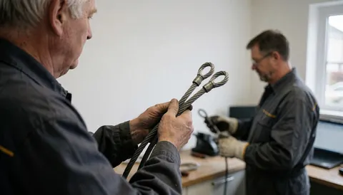 Technicien installateur de portes de garage tenant un câble d'acier avec des boucles dans un atelier aux murs blancs avec des outils visibles.