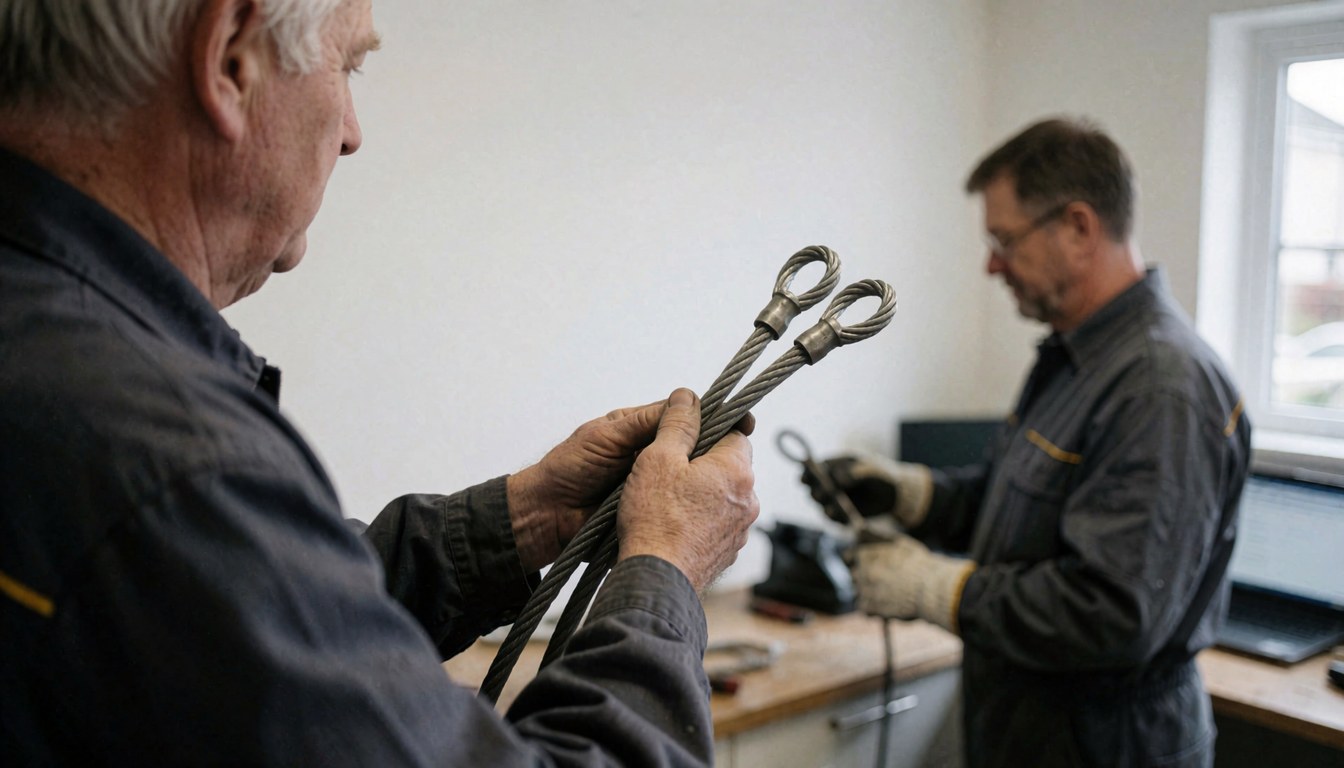 Technicien installateur de portes de garage tenant un câble d'acier avec des boucles dans un atelier aux murs blancs avec des outils visibles.