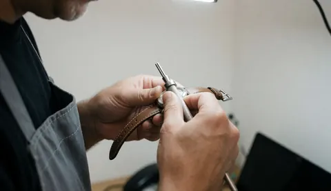 Technicien réparant une montre avec bracelet en cuir à l'aide d'un outil métallique dans un atelier au mur blanc.