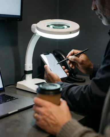 Un technicien répare un téléphone portable en utilisant une loupe et un stylet. Un client attend avec un café dans un environnement professionnel aux murs gris.