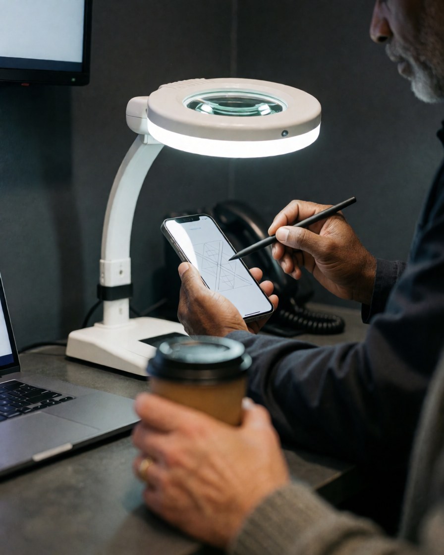 Un technicien répare un téléphone portable en utilisant une loupe et un stylet. Un client attend avec un café dans un environnement professionnel aux murs gris.