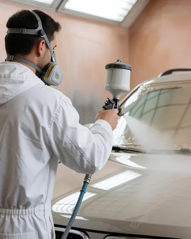 Technicien portant un masque appliquant de la peinture sur le capot d'une voiture dans un atelier lumineux aux murs clairs.