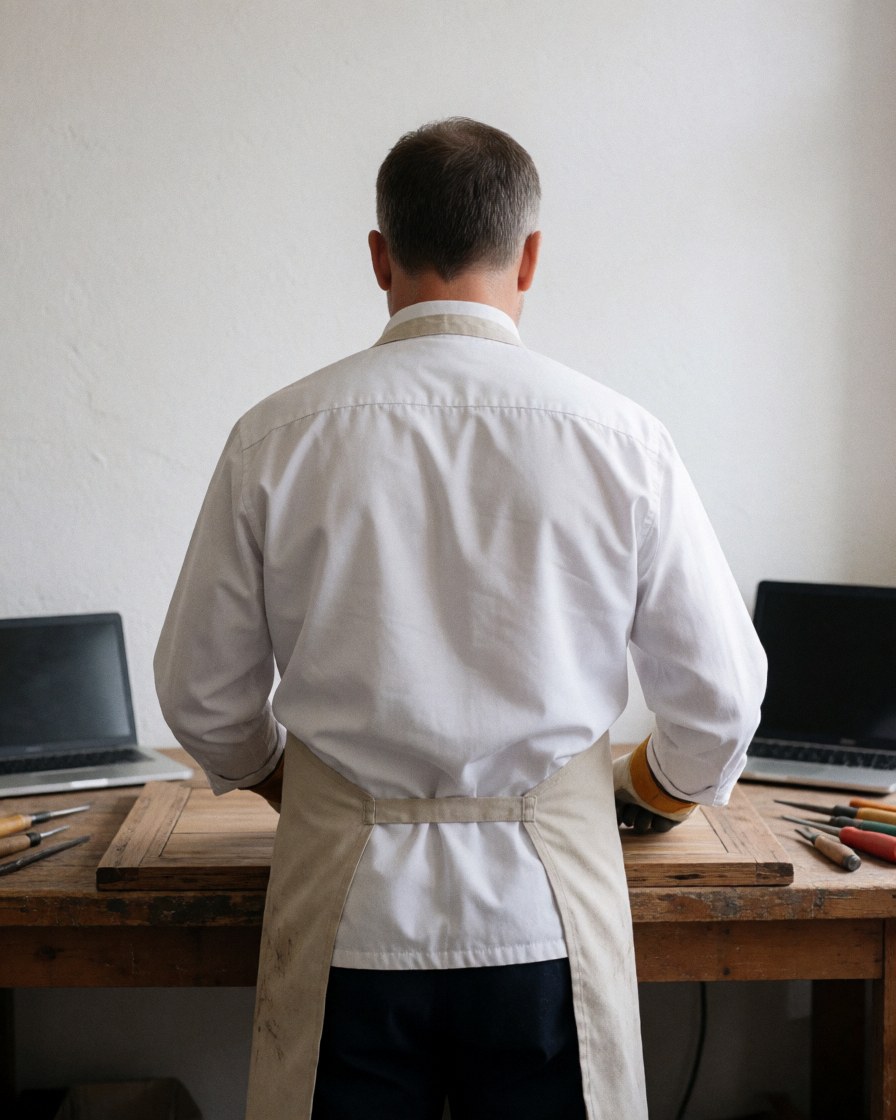 Vue arrière d'un professionnel en tablier réparant des meubles dans un atelier lumineux avec outils et ordinateur portable sur une table en bois.