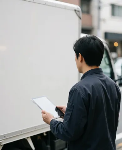 Vue arrière d'une cliente tenant une tablette devant le panneau blanc d'un camion stationné dans une rue urbaine.
