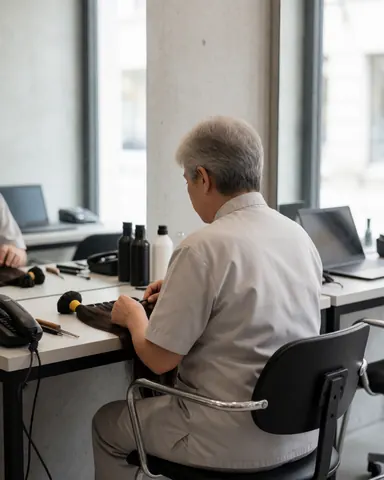 Un coiffeur professionnel prépare des extensions de cheveux sur une table dans un salon moderne aux murs en béton et à la lumière naturelle.