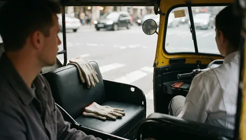 Intérieur d'un moto-taxi montrant des gants de travail sur le siège avec deux personnes et une vue de la rue en arrière-plan