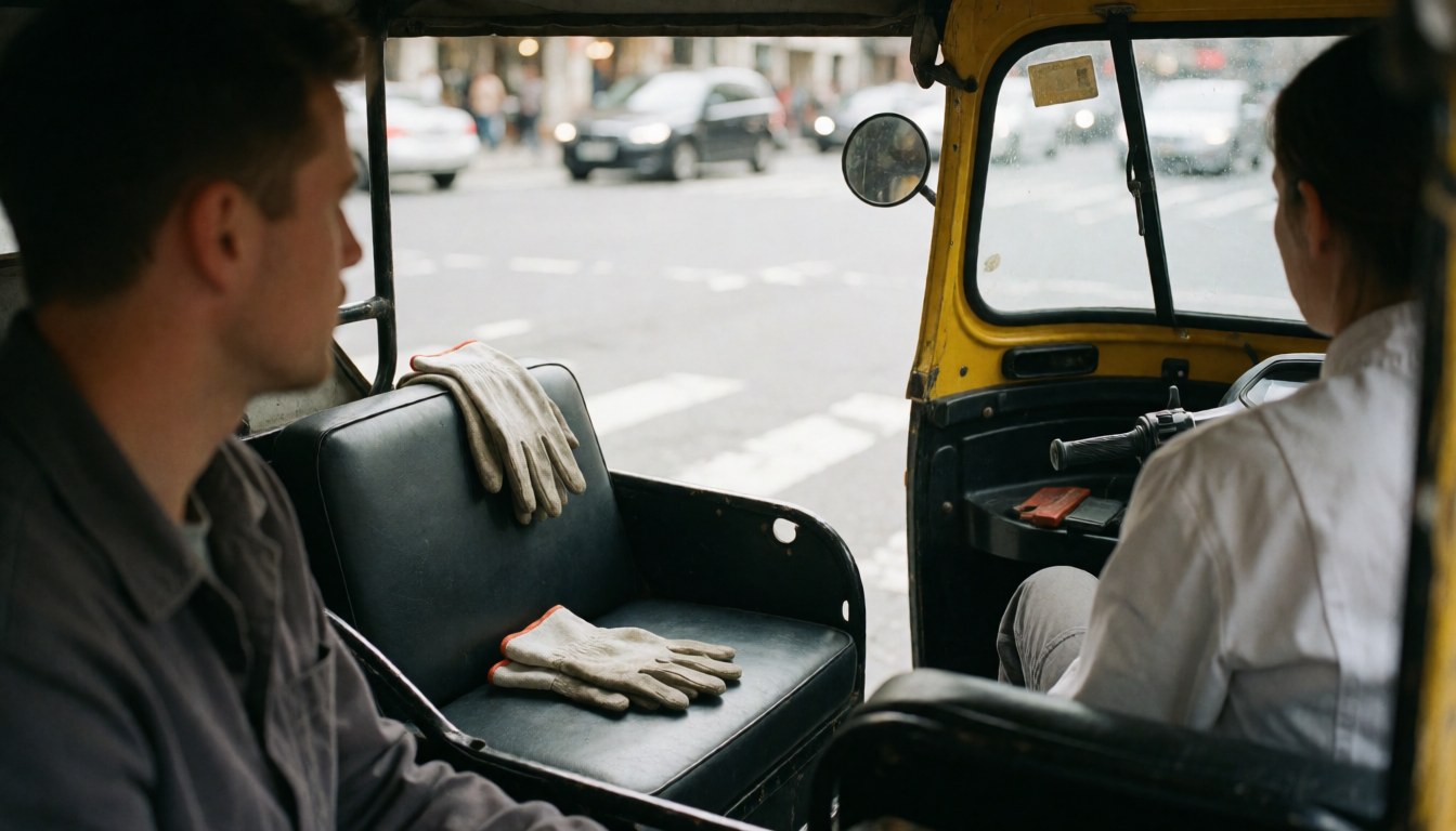 Intérieur d'un moto-taxi montrant des gants de travail sur le siège avec deux personnes et une vue de la rue en arrière-plan