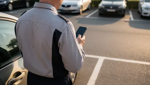 Conducteur de service portant un uniforme et tenant un téléphone portable dans un parking, idéal pour la page d'accueil d'un site web.
