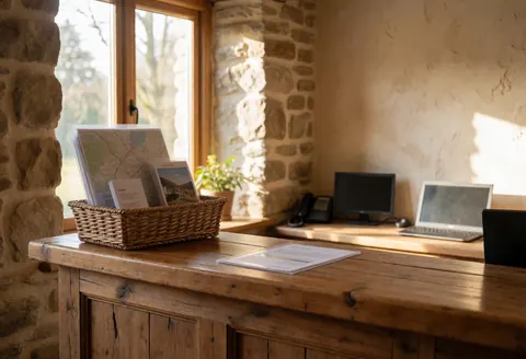 Réception rustique d'un gîte rural avec table en bois, mur en pierre, panier contenant des cartes et éclairage naturel.