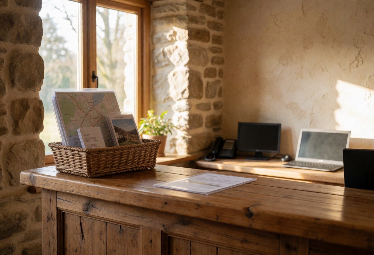 Réception rustique d'un gîte rural avec table en bois, mur en pierre, panier contenant des cartes et éclairage naturel.