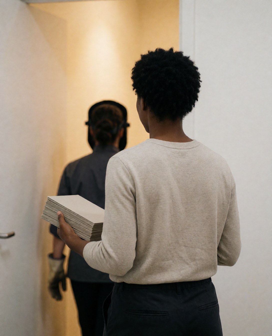 Une femme tenant des cartes de yoga marche vers l'entrée d'un studio de yoga aux murs blancs et à l'éclairage chaleureux.