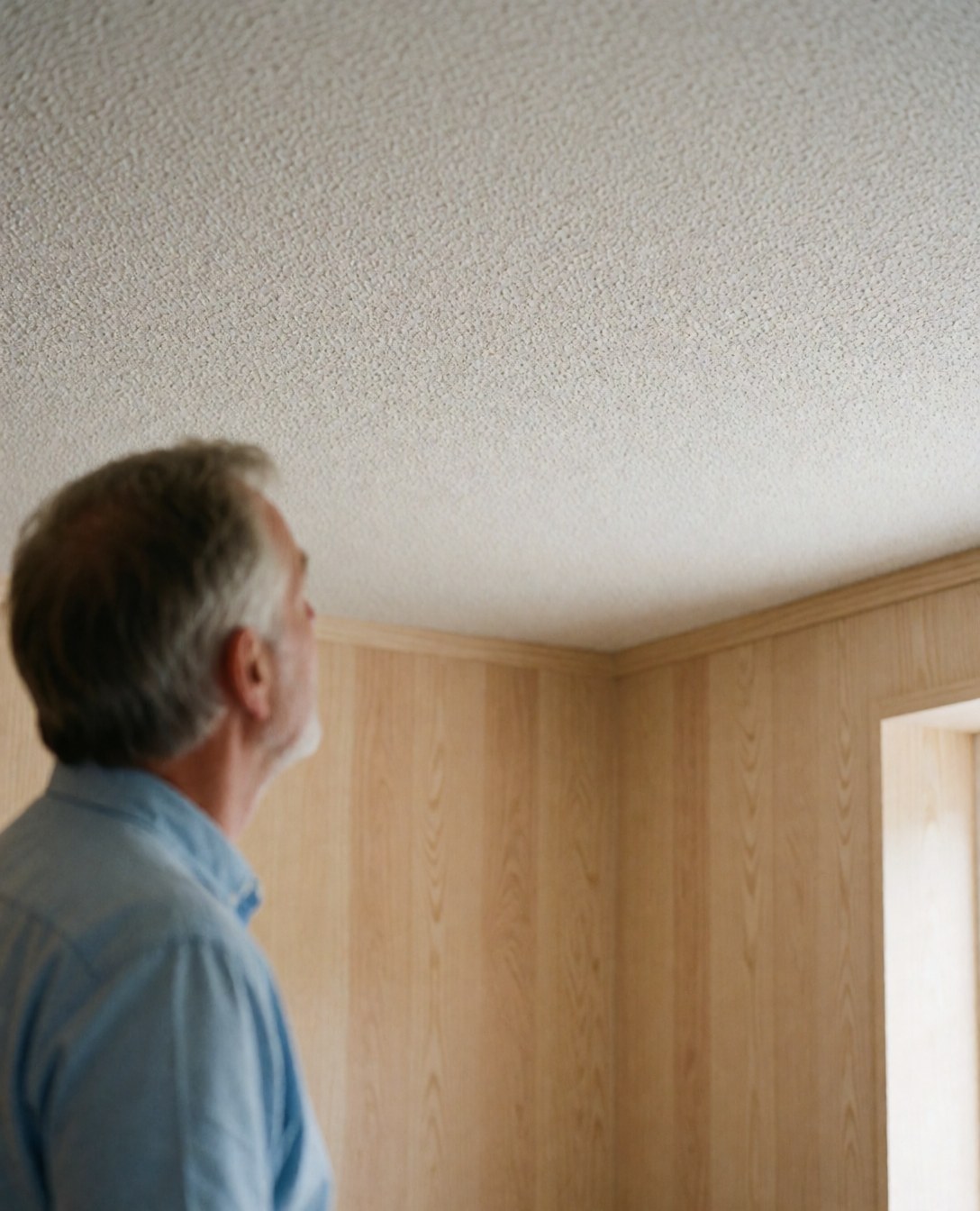 Un client observe un plafond en stuc à texture uniforme dans une pièce avec des murs en panneaux de bois et une lumière naturelle.