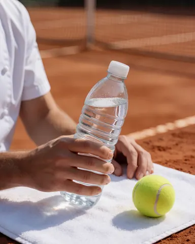 Une main tenant une bouteille d'eau sur un court de tennis, avec une balle jaune et une serviette blanche, évoquant une pause entre les matchs.