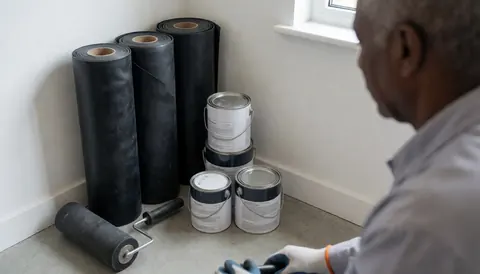 Un professionnel applique une membrane EPDM dans un coin, entouré de rouleaux, de bidons d'imprimante et d'un rouleau, éclairé par la lumière naturelle.