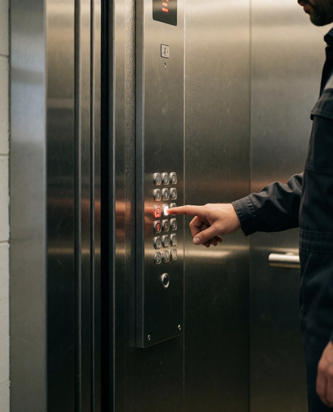 Technicien en uniforme appuyant sur le bouton de contrôle à l'intérieur d'un ascenseur aux parois en acier inoxydable et à l'éclairage chaud.