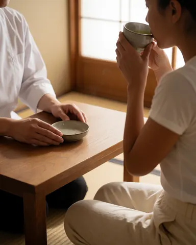 Cliente profitant d'une tasse de thé vert dans une ambiance shiatsu apaisante, mains du praticien sur une table en bois, lumière naturelle filtrant par un shoji, atmosphère relaxante et réaliste.