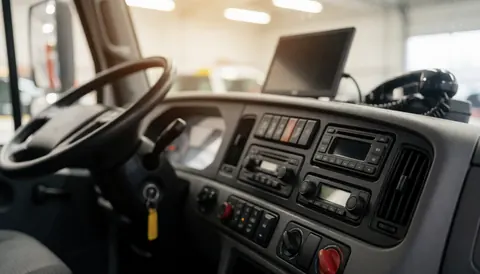 Vue intérieure de la cabine d'un remorqueur montrant le volant, le tableau de bord, la radio et l'écran, servant de fond pour des textes sur les services de remorquage.