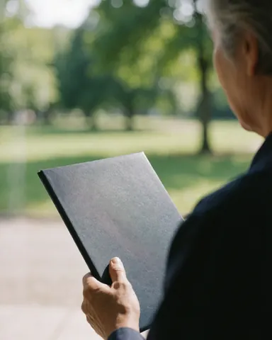 Une personne adulte tient un diplôme dans une pochette, regardant un paysage vert en extérieur avec lumière naturelle.