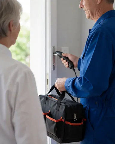 Technicien en uniforme bleu répare une serrure de porte avec un outil électrique, portant une mallette noire, un client attend près de la porte, fond gris clair.
