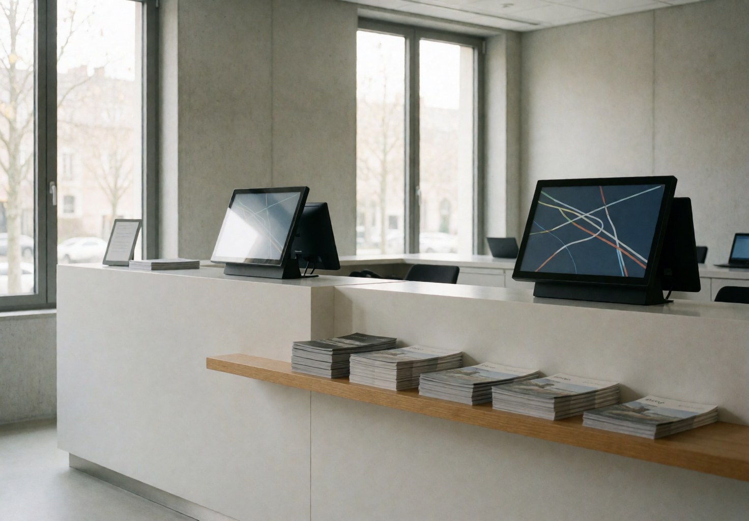 Bureau de cyclisme avec tables blanches, ecrans numeriques montrant des parcours et etageres avec des prospectus, murs en beton et fenetres laissant entrer la lumiere naturelle.