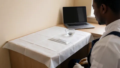 Un professionnel du piercing prépare son équipement stérile sur une table couverte de papier désinfectant dans un local aux murs beige.