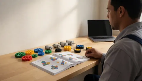 Un homme teste un kit de robotique avec des engrenages colorés et des moteurs sur une table en bois, un manuel ouvert et un ordinateur portable en arrière-plan.