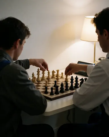 Deux personnes jouent aux échecs dans une école, sur un plateau avec des pièces visibles, sous l'éclairage chaud d'une lampe, dans un intérieur aux murs blancs.
