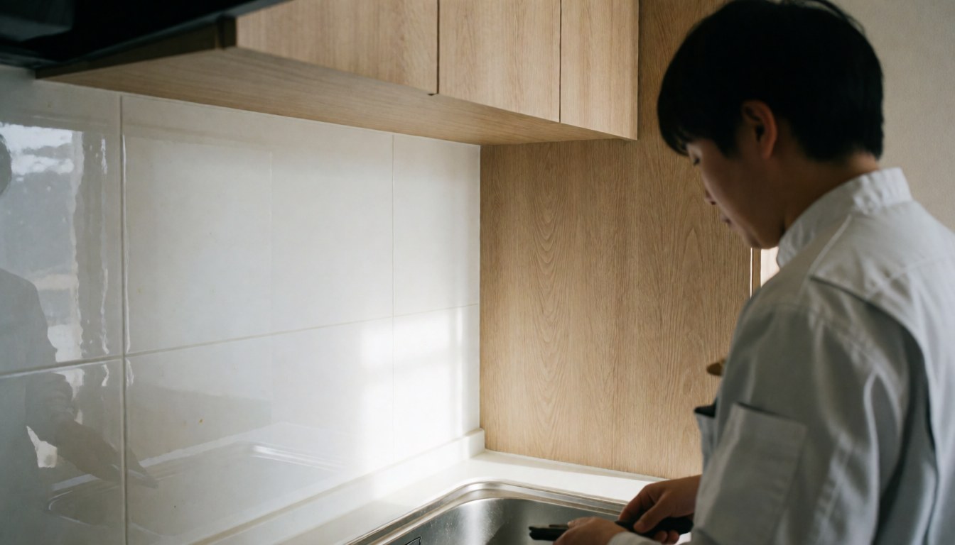Un carreleur professionnel installe des carreaux blancs brillants dans une cuisine moderne avec des armoires en bois clair et un évier en acier inoxydable.