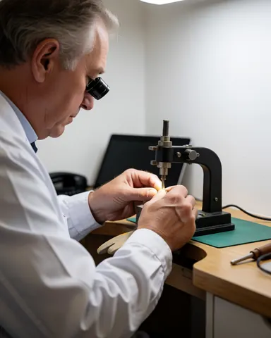Horloger senior travaillant sur une table en bois avec une loupe et un outil de pression visibles, sur fond de murs blancs dans un atelier de réparation.