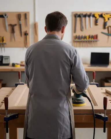 Un homme portant un tablier gris ponce une grande planche de bois fixée sur un établi, avec des outils suspendus au mur et un ordinateur portable en arrière-plan.