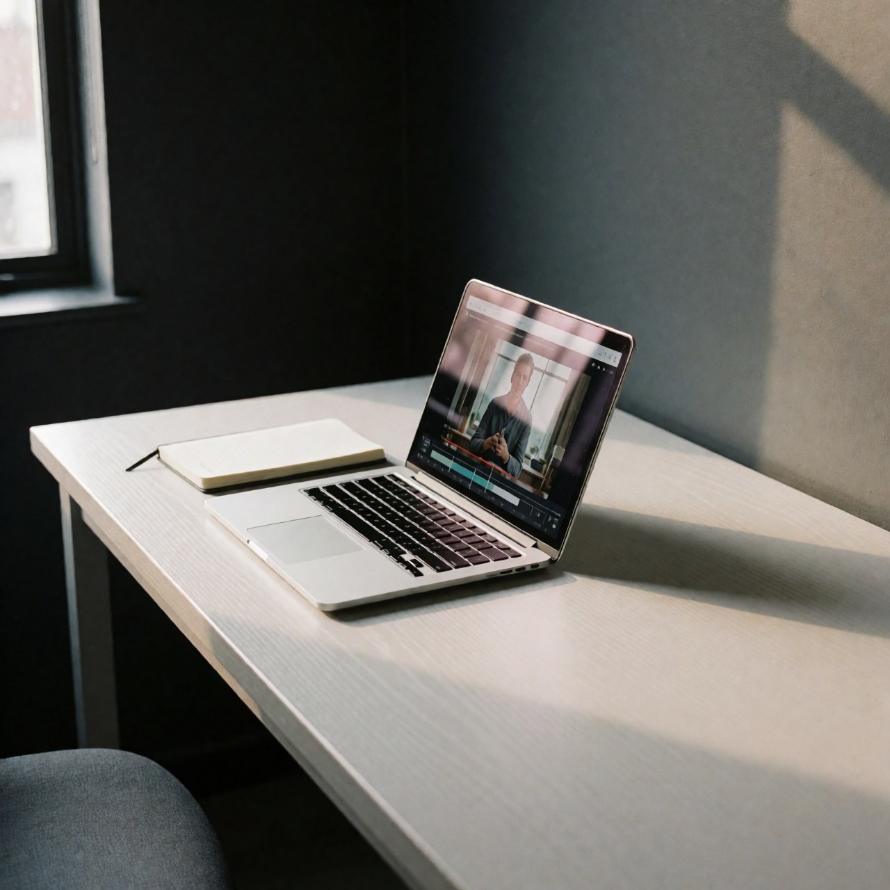 Ordinateur portable ouvert montrant un cours de programmation, accompagné d'un cahier, posé sur un bureau blanc dans un bureau aux murs gris et à la lumière naturelle.