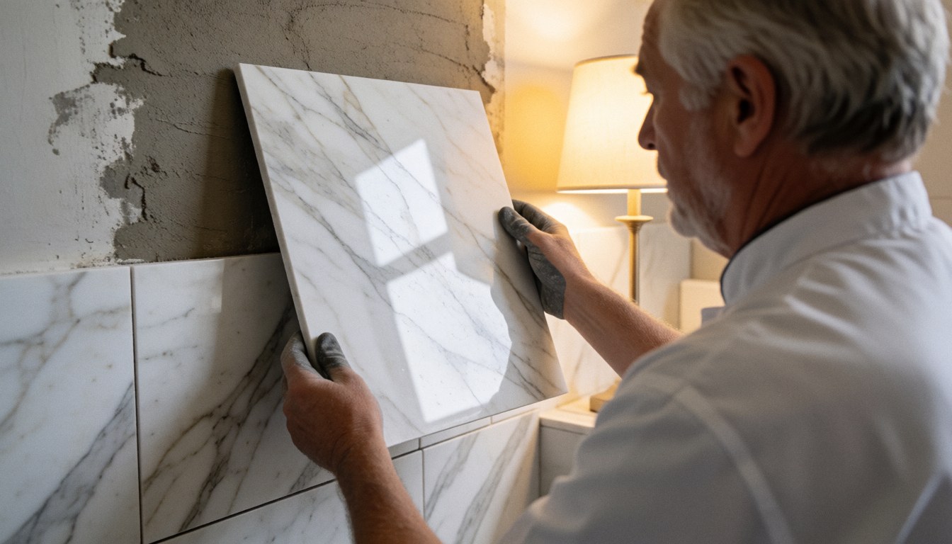 Un artisan carreleur pose une dalle de marbre blanc veiné de gris sur un mur partiellement revêtu dans un intérieur moderne éclairé par une lumière chaude.