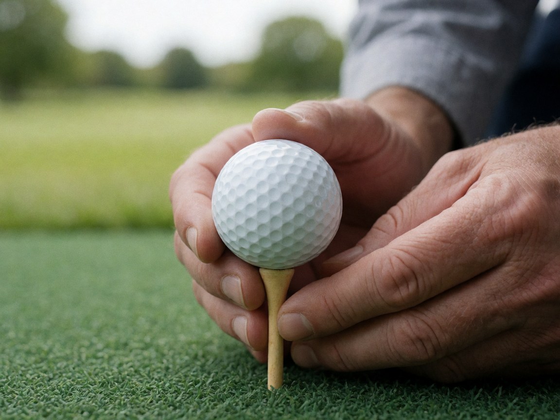 Gros plan de mains déposant une balle de golf blanche sur un tee en bois, avec un champ de golf vert en arrière-plan flou.