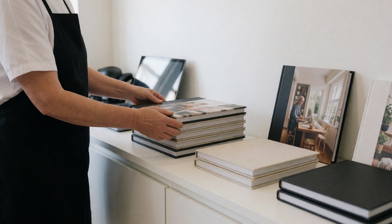 Un photographe de portraits trie des albums dans un studio blanc, mains visibles sur un fond neutre, illustrant son travail professionnel.