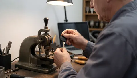 Un professionnel coupe une clé avec une machine ancienne dans un atelier, sur fond blanc avec un éclairage de travail, illustrant un service de serrurerie.