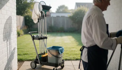 Chariot de nettoyage rempli d'outils dans une cour avec un mur blanc, un homme travaille à proximité, idéal pour les services de nettoyage professionnel.