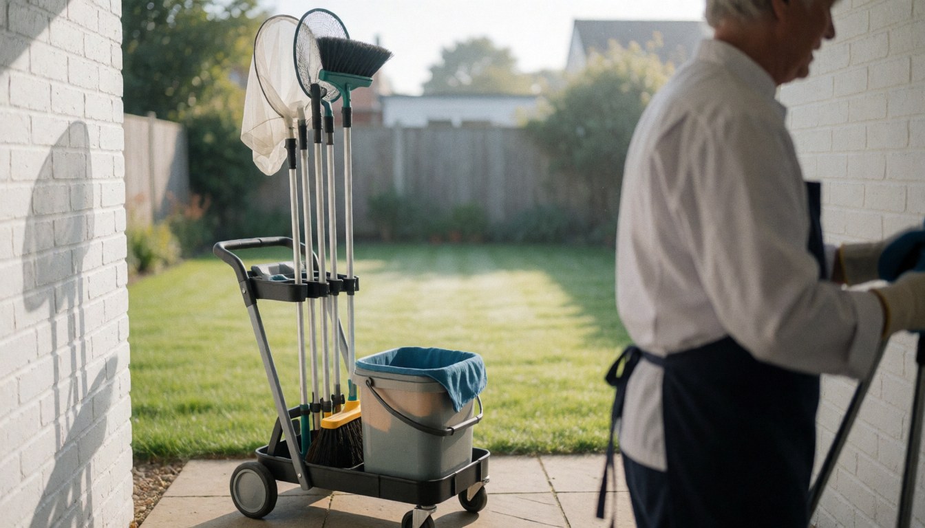 Chariot de nettoyage rempli d'outils dans une cour avec un mur blanc, un homme travaille à proximité, idéal pour les services de nettoyage professionnel.