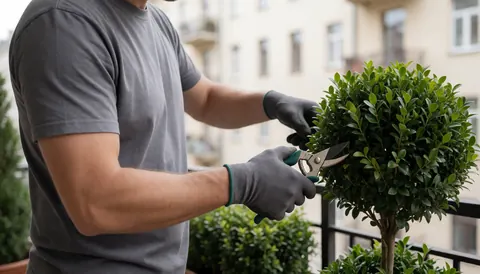 Un jardinier portant des gants coupe un buis sur un balcon avec des ciseaux de jardinage, sur fond urbain flou.