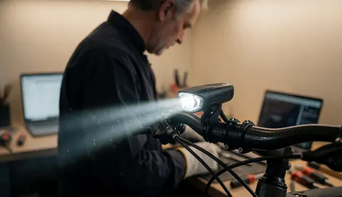 Atelier de réparation de vélos avec un phare allumé, une main travaillant sur un guidon en carbone, ambiance professionnelle et propre.