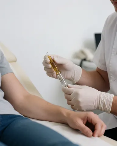 Un professionnel portant des gants prépare une ampoule pour un traitement sur le bras d'un client dans une clinique.