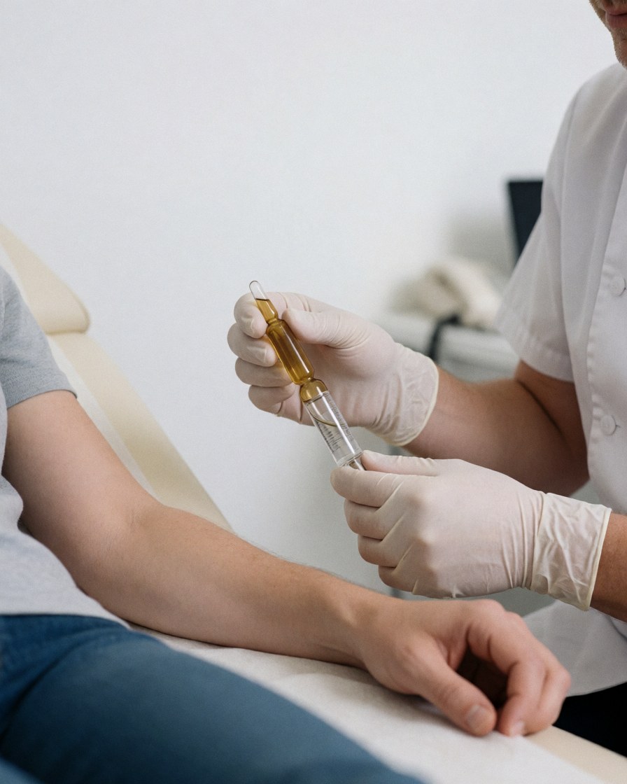 Un professionnel portant des gants prépare une ampoule pour un traitement sur le bras d'un client dans une clinique.